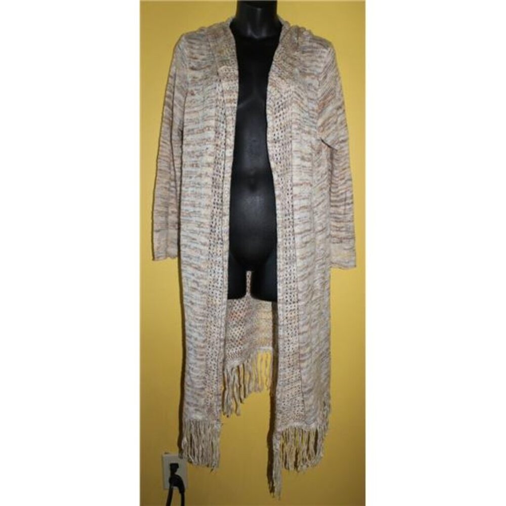 One World 2x Hooded Long Sweater Cardigan Sweater Fringe Trim Crochet